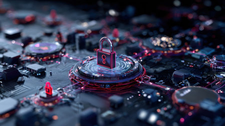 A computer chip with a red lock on it. The lock is surrounded by other computer chips. Concept of security and protectionの素材
