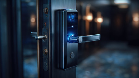 A door with a blue lock and a silver handle. The lock is illuminated and the handle is blackの素材