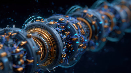 A long, thin, metallic object with a blue and gold color scheme. The object is made up of many small parts, and it is a piece of technology. The image has a futuristic and industrial feel to itの素材