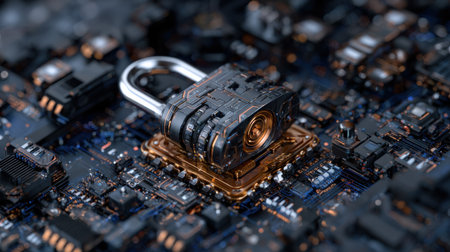 A computer chip with a lock on it. The lock is surrounded by a lot of other computer chipsの素材