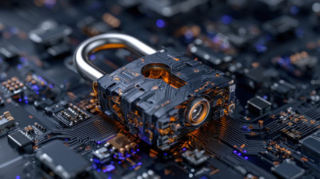 A computer chip with a lock on it. The lock is silver and orange. The chip is surrounded by blue and orangeの素材