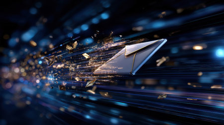 A silver object is flying through a blue and purple sky with a lot of glitter. The object is shaped like an envelope and he is falling apartの素材