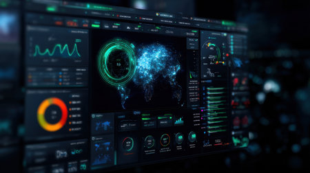 A computer monitor displays a green globe with a red circle in the middle. The globe is surrounded by a series of graphs and numbers, indicating various data pointsの素材