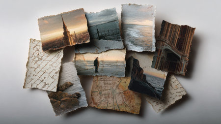 A collage of pictures with one of them being a man standing on a beach. The other pictures are of different scenes, but they all have a similar theme of nature and the outdoorsの素材