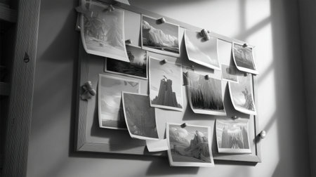 A bulletin board with various pictures of mountains and a bright sun shining on it. Scene is tranquil and calming, as the pictures of the mountains evoke a sense of peace and serenityの素材