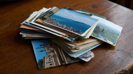 A stack of postcards with pictures of cities and landscapes. The postcards are piled on top of each other on a wooden tableの素材