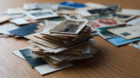 A pile of old postcards and letters on a wooden table. The pile is made up of various sizes and shapes, and some of the postcards are from different countries. Scene is nostalgic and sentimentalの素材