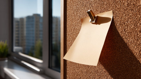 A piece of paper is stuck to a corkboard with a pin. The paper is yellow and has a note on it. The corkboard is on a wall and has a window behind it. The window is openの素材