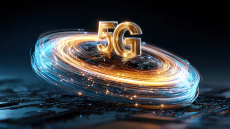 A glowing 5G symbol is surrounded by a swirling pattern of light. Concept of excitement and innovation, as 5G technology is often associated with faster internet speedsの素材