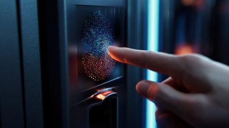 A hand is pointing at a fingerprint scanner. Concept of security and trust, as the fingerprint scanner is a reliable method of identificationの素材
