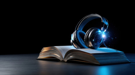 A book with headphones on top of it. The headphones are glowing and the book is open. Scene is mysterious and intriguingの素材