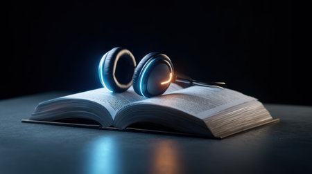 A book with headphones on top of it. The headphones are glowing and the book is open. Scene is mysterious and intriguingの素材