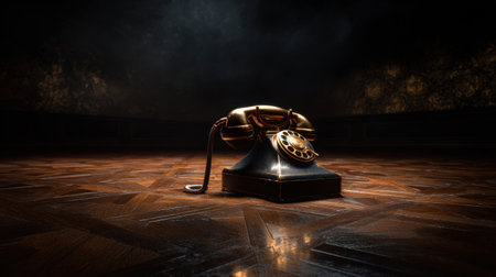A vintage phone is sitting on a wooden floor. The phone is gold and black, and it is the only object in the image. Scene is nostalgic and somewhat eerie, as the phone is the only thing in the sceneの素材