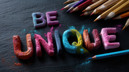 A colorful word made out of crayons on a black background. The word is "be unique," and it is surrounded by a variety of colored pencils. Concept of creativity and individualityの素材