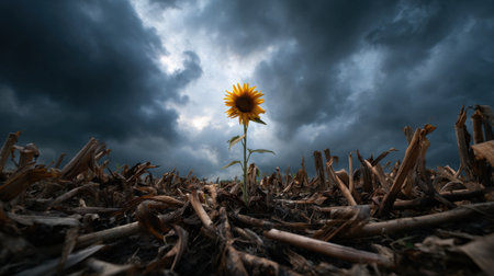 A single yellow flower is growing in a field of dead plants. The sky is cloudy and the sun is barely visible. Scene is somber and melancholic, as the dying plantsの素材