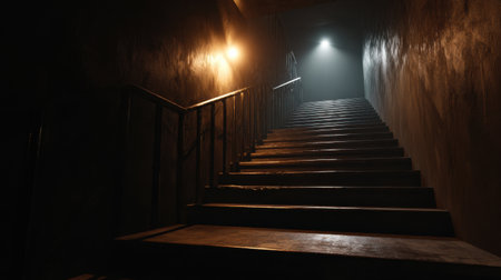 A dark staircase with a light shining on it. Scene is eerie and mysteriousの素材