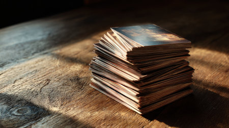 A stack of cards on a wooden table. The cards are arranged in a pyramid shape, with the top card being the largest. The cards are of different sizes and colors, and they appear to be old and wornの素材