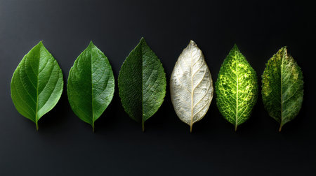 A row of six leaves, with one leaf being yellow and the rest green. The yellow leaf is in the middle of the row, and the other leaves are arranged in a straight lineの素材