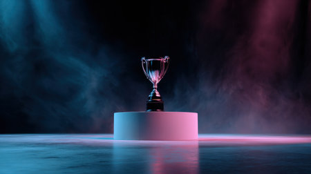 A trophy is on a pedestal in a dimly lit room. The trophy is shiny and metallic, and it is surrounded by a white base. The room is filled with smoke, giving it a mysterious and dramatic atmosphereの素材