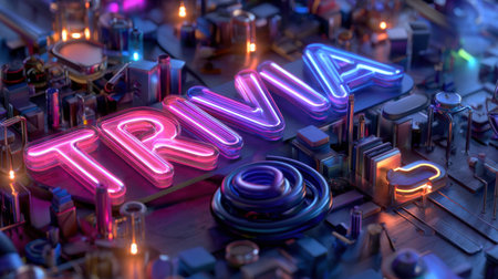 A neon sign that says Trivia is lit up in a cityscape. The sign is surrounded by a glowing, futuristic cityscape, with buildings and other structures illuminated in various colorsの素材