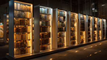 A row of bookshelves with books on them. The bookshelves are lit up, creating a warm and inviting atmosphereの素材