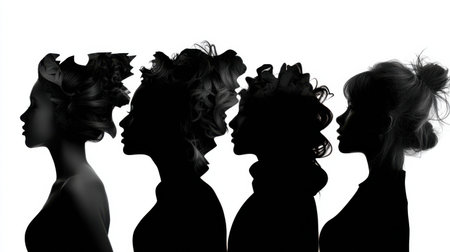 Four women with different hairstyles are shown in a black and white photo. The photo is a representation of the diversity of women and their unique beautyの素材