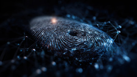 A close up of a fingerprint with a blue background. The image has a futuristic feel to it, with the fingerprint appearing to be a part of a larger, interconnected systemの素材