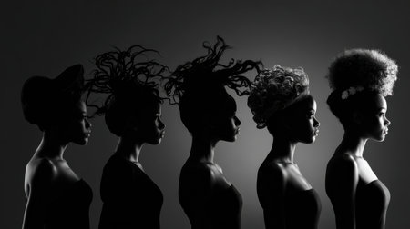 A group of women with different hairstyles stand in a line. Concept of unity and diversity, as each woman has a unique look but they are all together. The black and white color scheme adds a timelessの素材