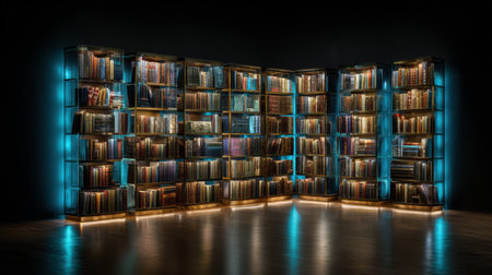 A large bookcase with many books on it. The books are arranged in a way that they are all facing the same direction. The bookcase is lit up, giving it a warm and inviting atmosphereの素材