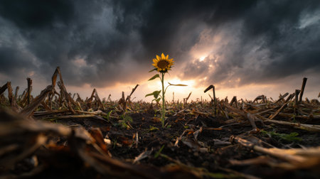 A single yellow flower is growing in a field of dead grass. The sky is cloudy and the sun is setting, creating a moody atmosphereの素材