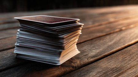 A stack of playing cards on a wooden table. The cards are red and white and are piled on top of each other. Concept of anticipation and excitement, as if someone is about to play a game of cardsの素材