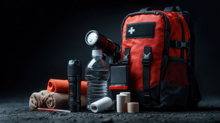 A red backpack with a white bottle of water and a flashlight on top of it. The backpack is filled with medical supplies and first aid itemsの素材