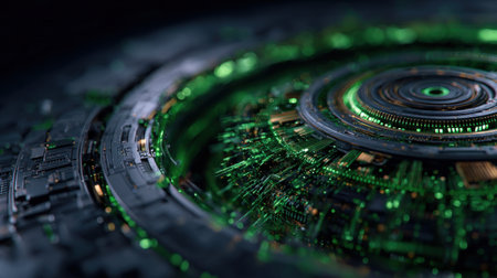 A green, glowing, and abstract image of a space station. The image is full of electronic components and has a futuristic, sci-fi vibeの素材