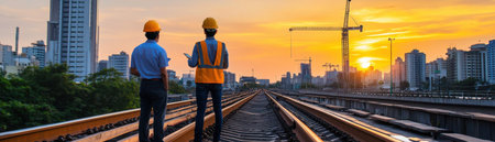 Two men in safety vests standing on a train track. The sun is setting in the backgroundの素材
