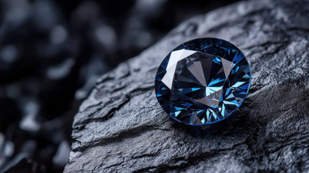 A blue diamond is sitting on a rock. The stone is surrounded by a dark background, which gives the impression of a mysterious and powerful gemの素材