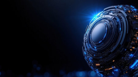 A blue and silver sphere with a bright light shining on it. The sphere is surrounded by a dark backgroundの素材