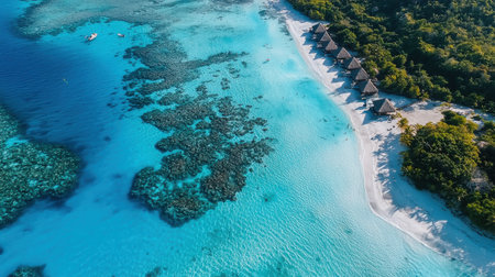 A beautiful blue ocean with a sandy beach and palm trees in the background. The water is calm and clear, and the beach is a perfect spot for relaxation and leisureの素材