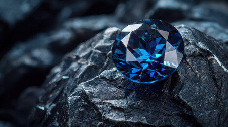 A blue diamond is sitting on a rock. The stone is surrounded by a dark background, which gives the impression of the diamond being a small, precious gemの素材