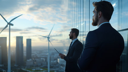 Two men in suits are standing on a rooftop looking out over a city. One of them is holding a tabletの素材