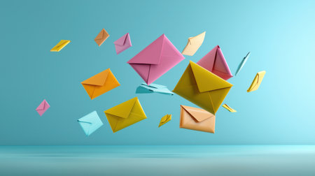A colorful array of paper envelopes are flying through the air. The envelopes are of various colors and sizes, and they seem to be in motion, as if they are being tossed around by a gust of windの素材