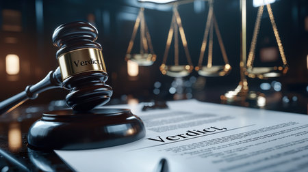 A judge's gavel sits on top of a piece of paper that says Verdict. The gavel is golden and has a black handle. Concept of authority and seriousnessの素材