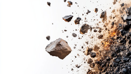 A rock is flying through the air and there are many other rocks scattered around. Concept of chaos and destructionの素材