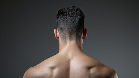 A man with a shaved head and a wet back. The man is looking at the camera. The image has a mood of confidence and masculinityの素材