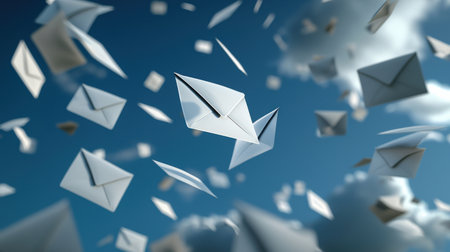 A bunch of white envelopes are flying through the air. The scene is chaotic and disordered, with the envelopes scattered in various directions. Concept of urgency and hasteの素材