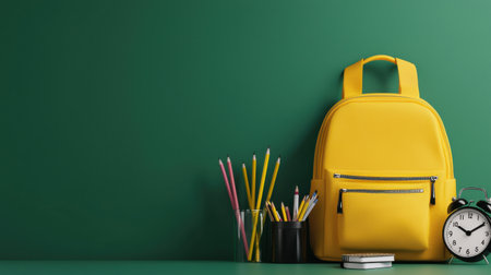 A yellow backpack sits on a green background with a clock and a pencil case. The backpack is filled with school supplies, including a clock, pencils, and a notebookの素材