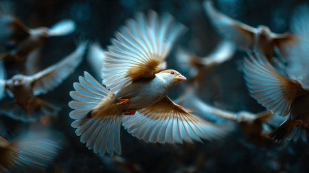 A flock of birds flying in the sky. The birds are white and brown. The sky is blueの素材