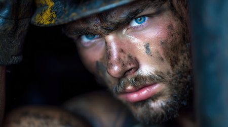A man with a dirty face and a helmet on. He has a blue eyeの素材