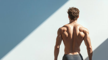 A man with a muscular back is standing in front of a white wall. Concept of strength and confidence, as the man's physique is prominently displayed. The white wall serves as a neutral backgroundの素材