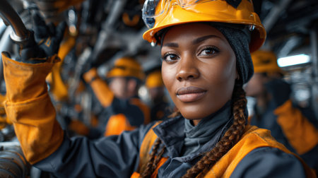 A woman wearing a yellow helmet and orange safety gear. She is the center of attention in the imageの素材