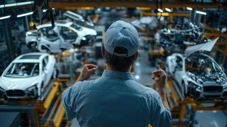 A man is standing in front of a car assembly line. He is wearing a blue shirt and a hatの素材